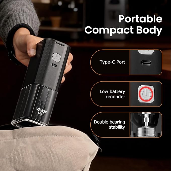 VEVOK CHEF Portable Electric Coffee Grinder,Adjustable Stainless Steel Burr Coffee Bean Mill,One-Button Grinder with USB Rechargeable,Auto‑Stop for Espresso to French Press,for Outdoor Use(Black)