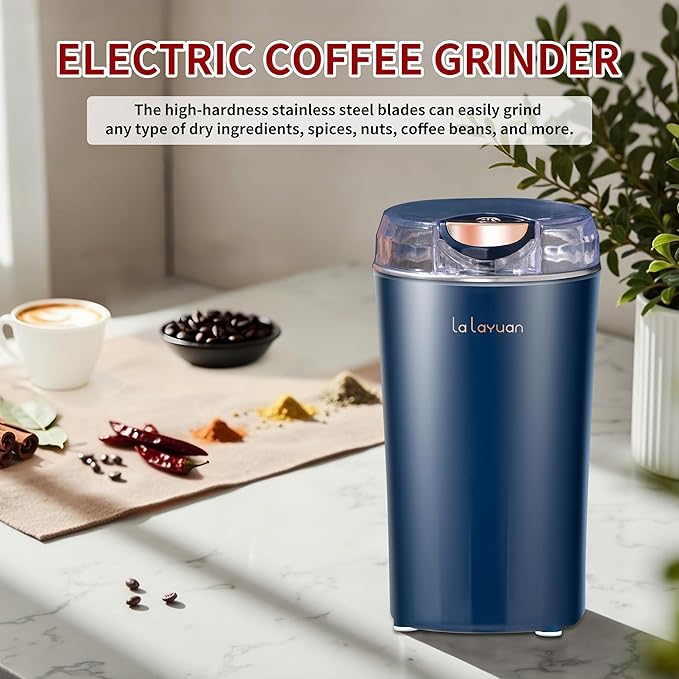 Electric Coffee Grinder, 200W, Stainless Steel Cutter Head, Portable, Household Spice Grinder, 28,000 RPM, Can Make 12 Cups of Coffee At A Time, Suitable for Office Camping (Blue)
