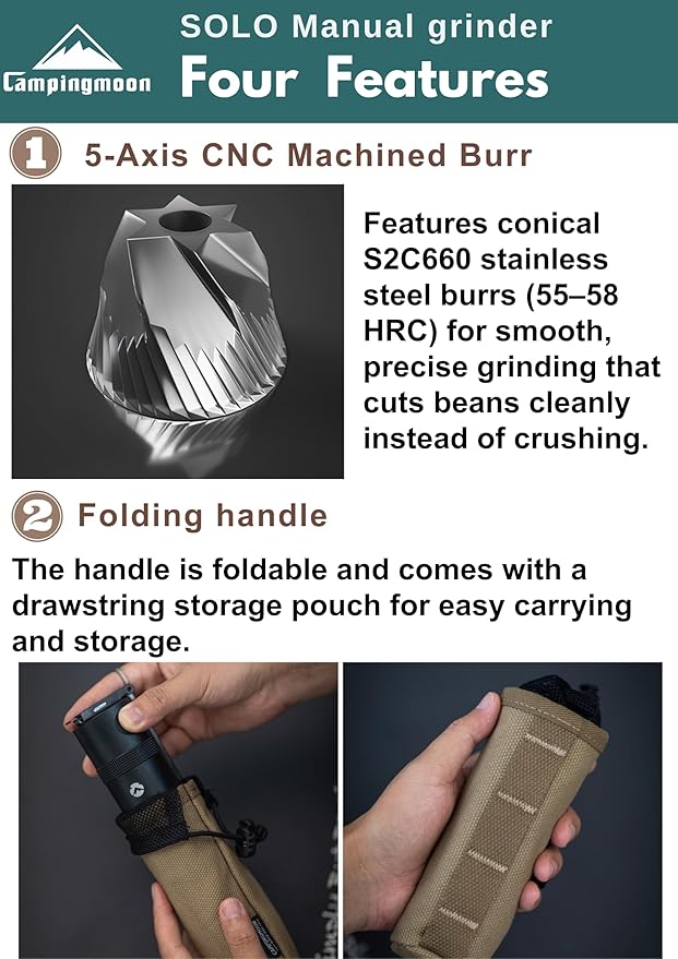CAMPINGMOON Portable Manual Coffee Grinder, Stainless Steel Burr, Foldable Handle, Hand Grinder for Camping & Travel CC-115,CC-152 (Black, M (25-27g))