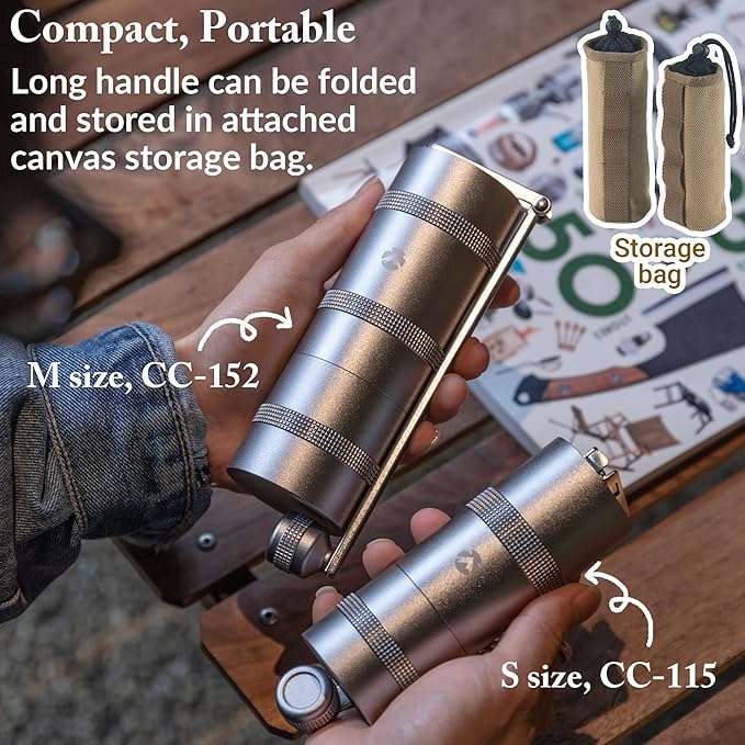 CAMPINGMOON Portable Manual Coffee Grinder, Stainless Steel Burr, Foldable Handle, Hand Grinder for Camping & Travel CC-115,CC-152 (Silver, M (25-27g))