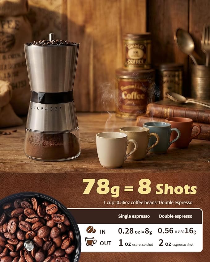 4cups Large Capacity Manual Coffee Grinder with Handle Crank, Conical Ceramic Burr Mill, Adjustable Grind Settings, Glass Jar, Handheld Coffeegrinder for Home Use,Travel, Camping, Quiet and Portable