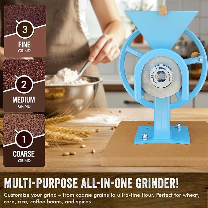 Manual Hand Grain Mill Blue | Heavy-Duty Hand Operated Food Grinder for Wheat, Corn, Oats, Coffee Beans, Rice & Dry Grains | Hand Crank Kitchen Flour Mill for Home, Camping, Survival & Everyday Use