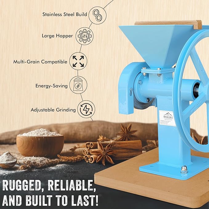 Manual Hand Grain Mill Blue | Heavy-Duty Hand Operated Food Grinder for Wheat, Corn, Oats, Coffee Beans, Rice & Dry Grains | Hand Crank Kitchen Flour Mill for Home, Camping, Survival & Everyday Use