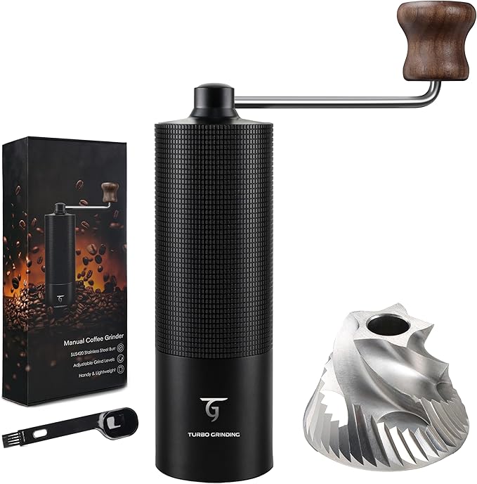 SUNYA Manual Coffee Grinder with Stainless Steel Conical Burr. Aluminum Shell Hand Coffee Bean Mill with Adjustable Settings. Coffee Recipes Booklet Included (MCG-02 Black)