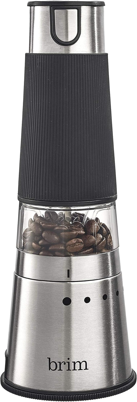Brim Electric Handheld Burr Coffee Grinder, Simple One-Touch Operation, 9 Precise Grind Settings from Espresso to French Press, Removable 30g Ground Container for Easy Clean Up, Stainless Steel/Black