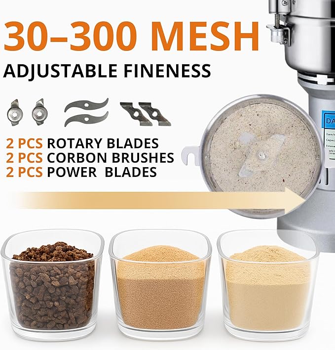 High Speed Electric Grain Mill Grinder – Silver 150g Capacity Flour Grinder with 304 Stainless Steel Blades and Accessories Compact Automatic Grain Mill for Flour Nuts Spices Coffee Herbs