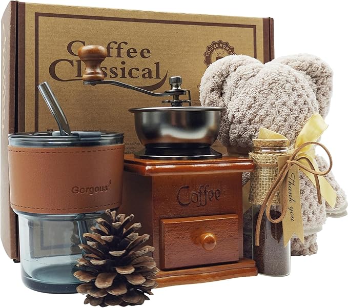 Coffee Gift Basket, Birthday Gifts for Women, Vintage Decorations with Manual Bean Grinder, Coffee Lover Gifts Set, Ideal Gift for Her, Him, Friends (Brown)