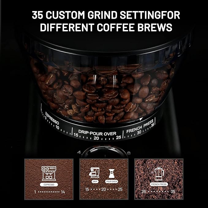 Conical Burr Coffee Grinder Electric Espresso Coffee Grinder with 35 Ajustable Precise Grind Settings for 2-12 Cup 8.8 Ounce Coffee Bean Storage