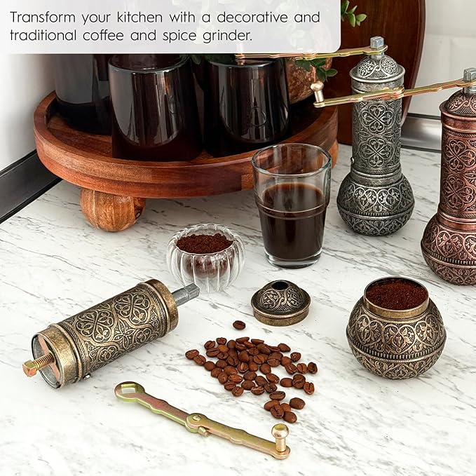 Decorative Handmade Coffee Grinder, Refillable Turkish Spice Mill, Manual Coffee Mill with Handle, Coffee Grinder Metal with Hand Crank 18 cm-7.1 inch (Antique)