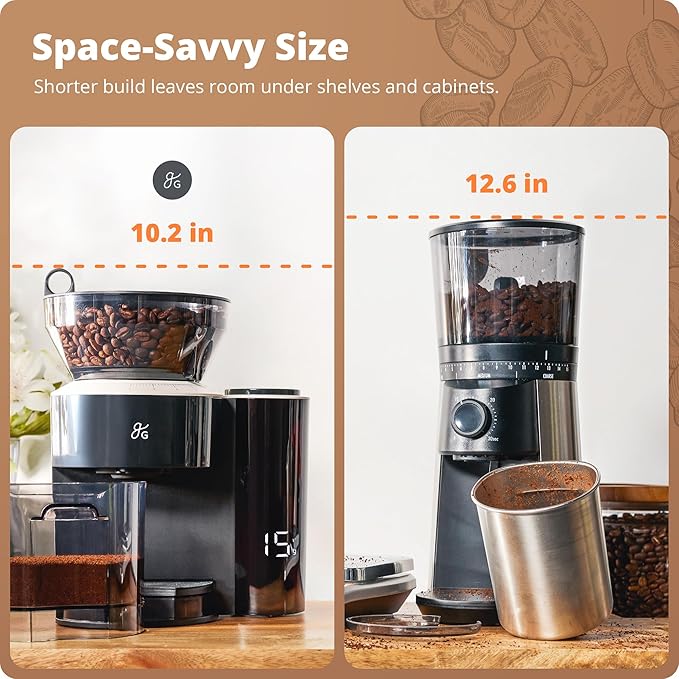 Greater Goods Coffee Grinder with Scale, One-Touch Electric Conical Burr Grinder with 8-Position Grind Selector, Anti-Static Grounds Basket, Onyx Black