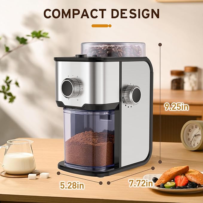 Burr Coffee Grinder Electric, Adjustable Flat Burr Coffee Grinder, Coffee Beans Grinder for Home Use, Compact with 14 Grind Sizes for Home & Office