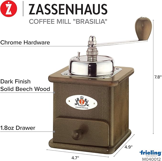 Zassenhaus Brasilia Coffee Mill, Beechwood Manual Coffee Bean Grinder, Traditional Hand Crank Coffee Mill (Dark)