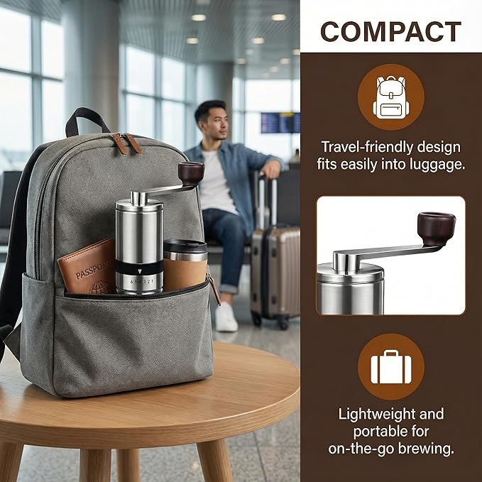 Manual Coffee Grinder – Professional Stainless Steel Burr Mill with 6 Adjustable Settings – Portable Hand Crank Grinder for Espresso to French Press – Glass Grounds Container & Ergonomic Wooden Handle