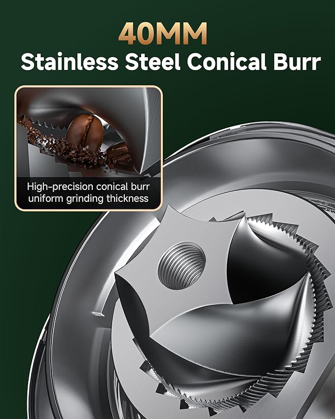 Conical Burr Coffee Grinder with 40mm Stainless Steel Burr, 34 Grind Settings & Anti-Static, Electric Espresso Grinder for Home Use