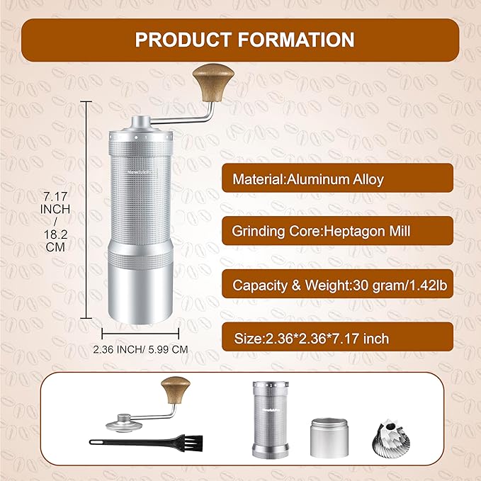 M7 Manual Coffee Grinder, Capacity 35g, Seven Segment Burr Sharpening, 48 External Grind Settings, for Manual Coffee Mill Poured Over French Espresso