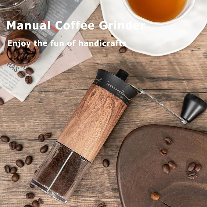 Manual Coffee Grinder with Externally Adjustable 56 Precise Grind Settings,Foldable Long Handle,Wood Grain Body & Ceramic Burr, Portable Coffee Bean Grinder for Espresso,Pour Over,French Press,Travel