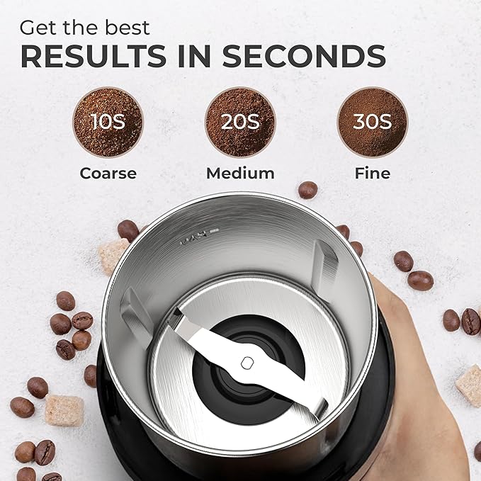 Kaffe Electric Coffee Grinder with Removable Cup (3.5oz) - Black - Cleaning Brush Included - Espresso Coffee Bean Grinder for Home Use