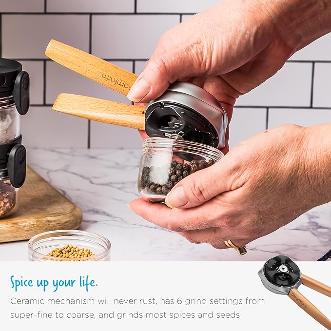 Dreamfarm Ortwo Original Ergonomic 1-or-2-Handed Re-Fillable Pepper, Spice, Seed, Coffee Mill with 6 Grind Settings - 2oz Beechwood