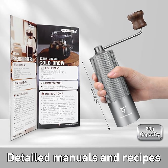 SUNYA Manual Coffee Grinder with Stainless Steel Conical Burr. Aluminum Shell Hand Coffee Bean Mill with Adjustable Settings. Coffee Recipes Booklet Included (MCG-02 Gray)