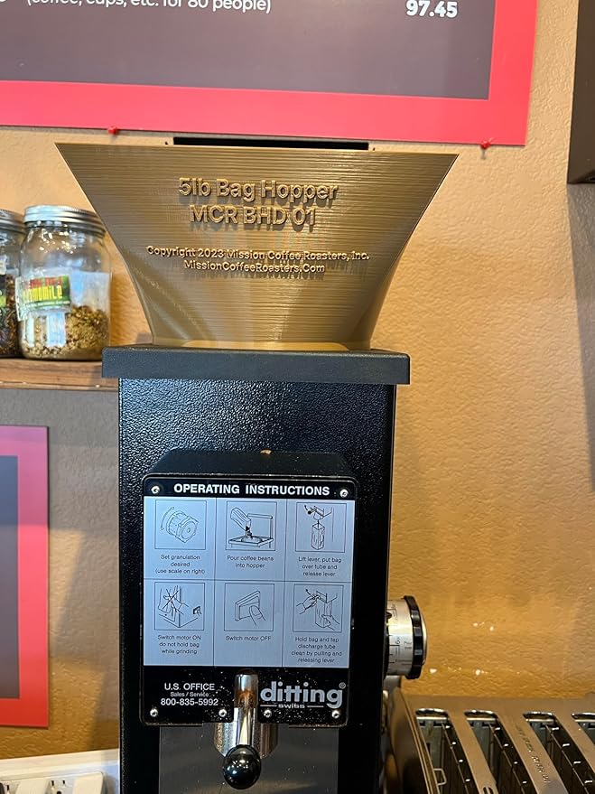 Bulk 5 pound expansion hopper compatible with Ditting 1203 and 1403 commercial coffee grinders. Funnel color is BLACK in this listing. Funnel only. Grinder not included.