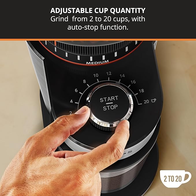 KRUPS Flat Burr Coffee Grinder Electric, 18 Adjustable Grind Settings, 2-20 Cups per Grind, Single Touch, Coffee Bean and Spice Grinder, Stainless Steel, Black