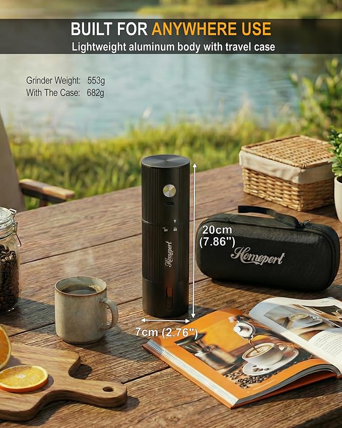 High-Speed Portable Electric Coffee Grinder with 1600mAh Rechargeable Battery, 7-Core Stainless Steel Burr Coffee Mill, 45 Precision Settings, Cordless Design & Compact Aluminum Body for Travel