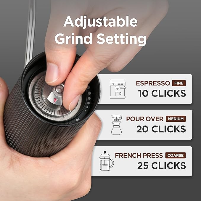 Manual Coffee Grinder - Stainless Steel Conical Burr with Adjustable Setting, Double Bearing - Max Capacity 0.88oz, Hand Grinder for Home, Travel and Camping, and Gift