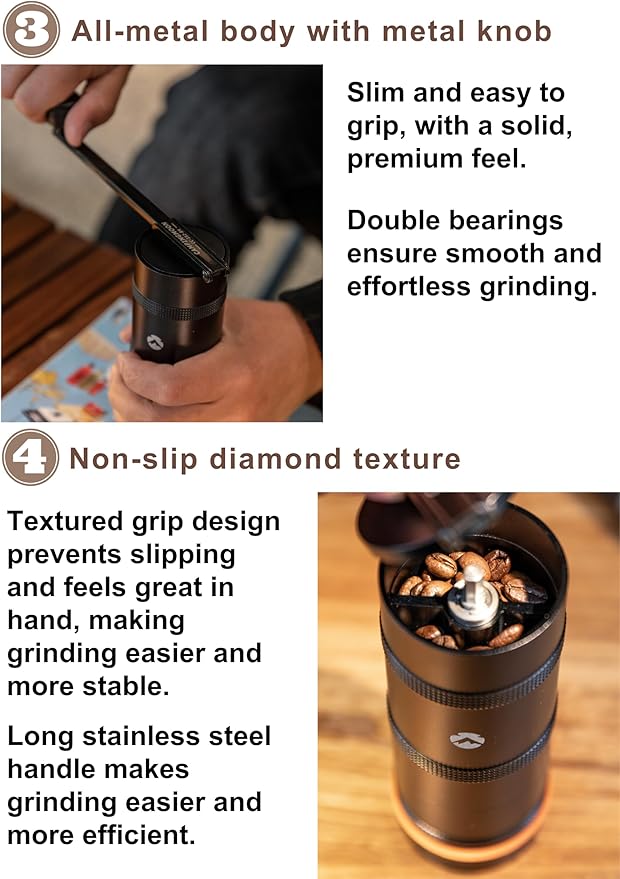 CAMPINGMOON Portable Manual Coffee Grinder, Stainless Steel Burr, Foldable Handle, Hand Grinder for Camping & Travel CC-115,CC-152 (Black, M (25-27g))