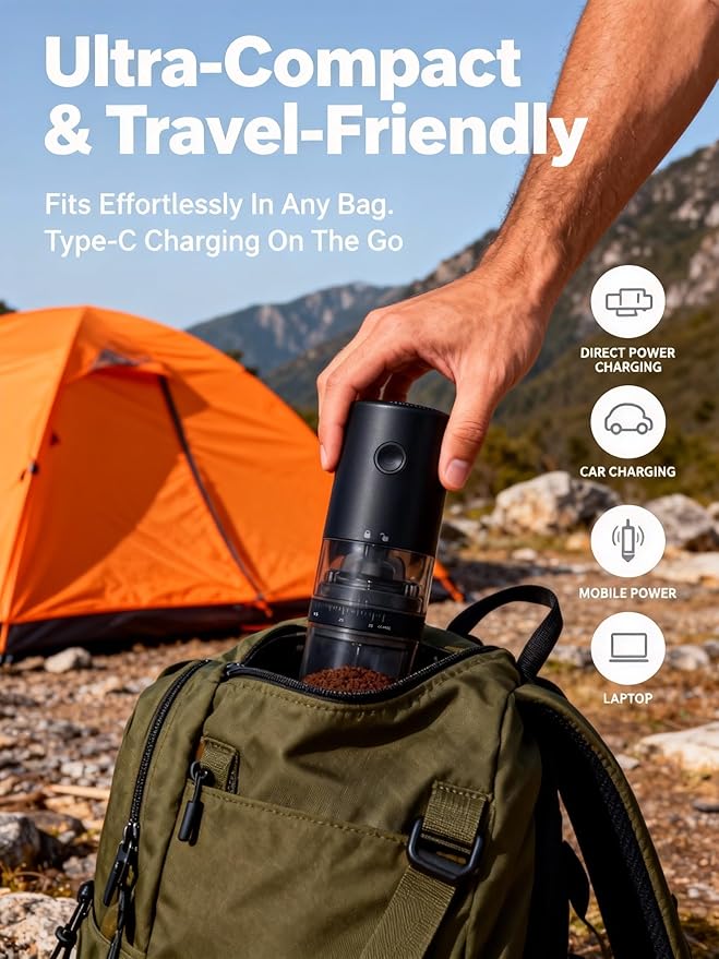 LAMIDO Portable Electric Burr Coffee Grinder - Grind While Charging - Visual Bean Hopper - 38 External Grind Settings - 1.8X Faster Grinding - 2000 mAh Battery for Travel, Camping - Matte Black