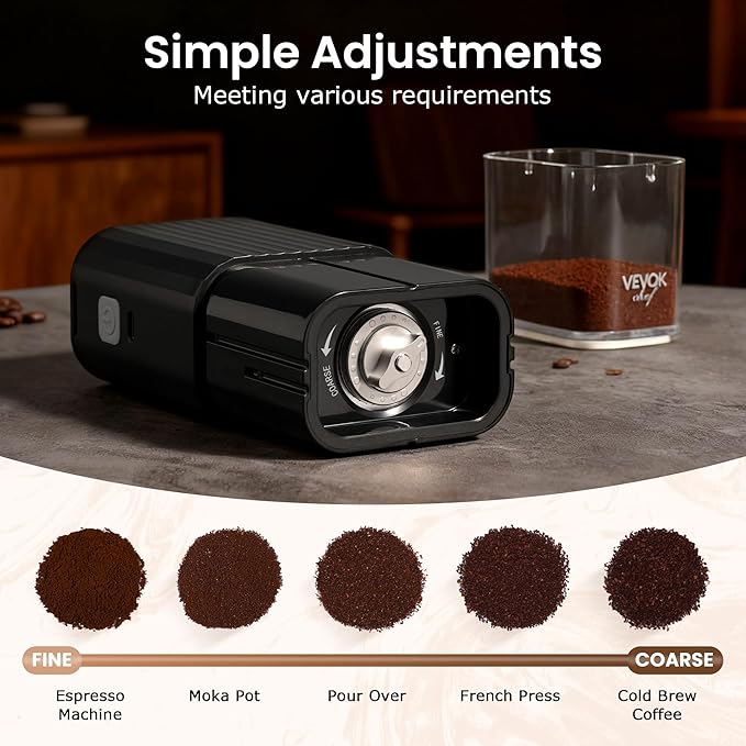 VEVOK CHEF Portable Electric Coffee Grinder,Adjustable Stainless Steel Burr Coffee Bean Mill,One-Button Grinder with USB Rechargeable,Auto‑Stop for Espresso to French Press,for Outdoor Use(Black)