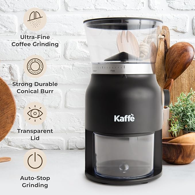 Kaffe Electric Burr Coffee Grinder (5.5oz) - Conical Burr - 25 Adjustable Coarseness Levels - Matte Black - Cleaning Brush Included