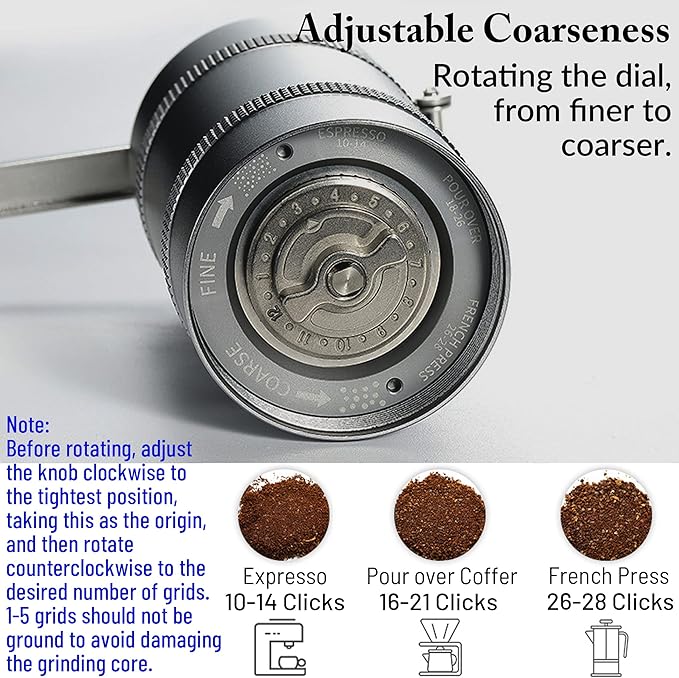 CAMPINGMOON Portable Manual Coffee Grinder, Stainless Steel Burr, Foldable Handle, Hand Grinder for Camping & Travel CC-115,CC-152 (Silver, M (25-27g))