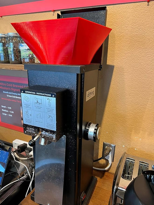 Bulk 5 pound expansion hopper compatible with Ditting 1203 and 1403 commercial coffee grinders. Funnel color is BLACK in this listing. Funnel only. Grinder not included.