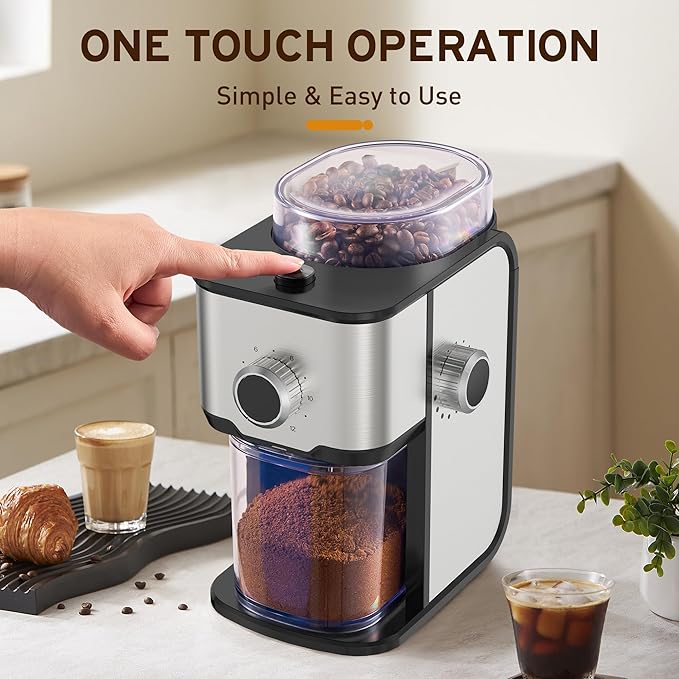 Burr Coffee Grinder Electric, Adjustable Flat Burr Coffee Grinder, Coffee Beans Grinder for Home Use, Compact with 14 Grind Sizes for Home & Office