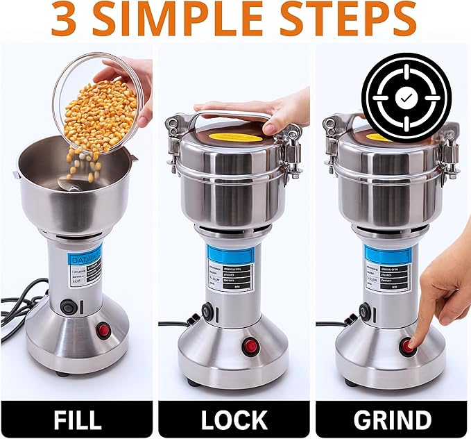 High Speed Electric Grain Mill Grinder – Silver 150g Capacity Flour Grinder with 304 Stainless Steel Blades and Accessories Compact Automatic Grain Mill for Flour Nuts Spices Coffee Herbs