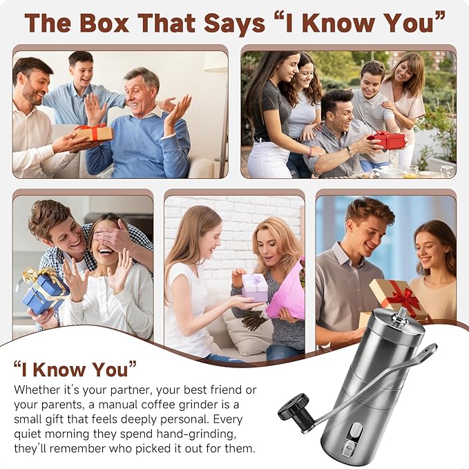 Manual Stainless Steel Coffee Grinder, Portable Conical Burr Hand Crank Grinder for Espresso, Pour Over, French Press & Camping, Quiet Adjustable Grind, Detachable Handle, Travel-Friendly