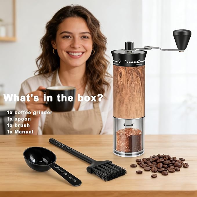 Manual Coffee Grinder with Externally Adjustable 56 Precise Grind Settings,Foldable Long Handle,Wood Grain Body & Ceramic Burr, Portable Coffee Bean Grinder for Espresso,Pour Over,French Press,Travel