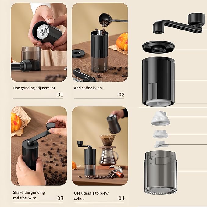 Manual Coffee Grinder with Ceramic Burr, Portable Conical Mill for Home, Office, Travel, Camping, Black