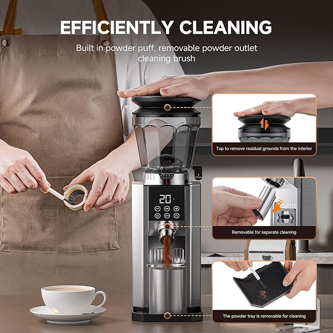 Burr Coffee Bean Grinder for Home Use with 45 Precise Grinding Settings, Espresso Grinder with Height Adjustable Funnel Stand, LED Touch Panel, Anti-static Design, Micro Switch User Friendly