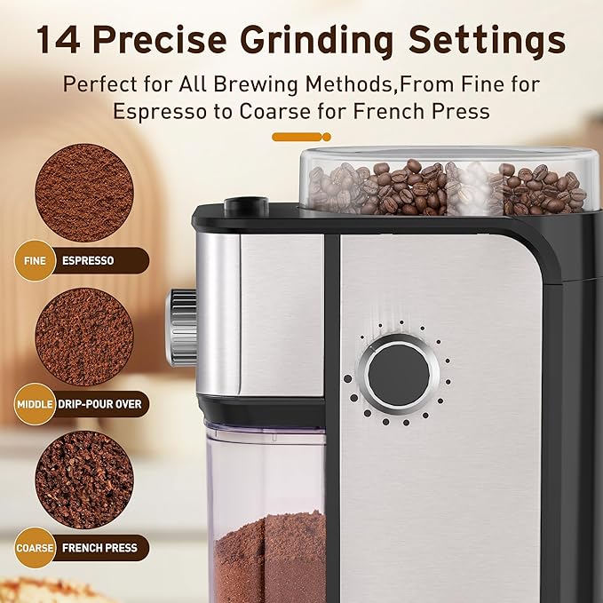 Burr Coffee Grinder Electric, Adjustable Flat Burr Coffee Grinder, Coffee Beans Grinder for Home Use, Compact with 14 Grind Sizes for Home & Office