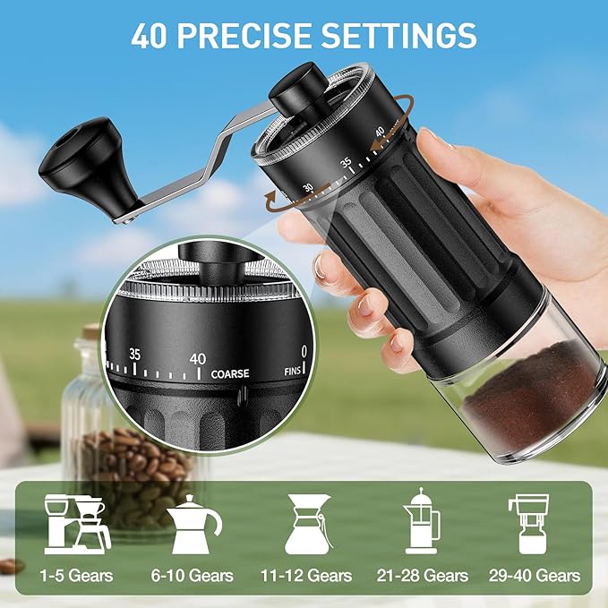Mini Manual Coffee Grinder – 40 Adjustable Settings, Portable Hand Crank Mill with 30g Capacity, Conical Burr for Espresso, Pour Over, French Press | Perfect for Travel, Camping & Office