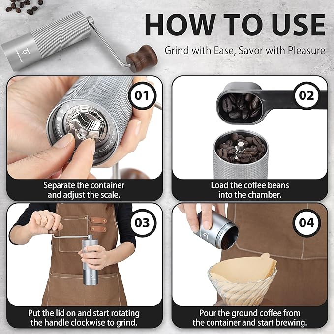 SUNYA Manual Coffee Grinder with Stainless Steel Conical Burr. Aluminum Shell Hand Coffee Bean Mill with Adjustable Settings. Coffee Recipes Booklet Included (MCG-02 Gray)