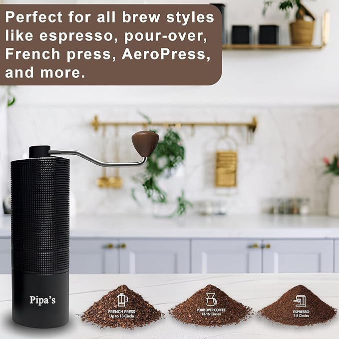 Pipa’s Manual Coffee Bean Grinder with Brush (35g) | Stainless Steel Burr Mill, Adjustable Coffee Grinder for Espresso, Pour Over, French Press & Cold Brew | Coffee Hand Grinder for Home & Outdoor