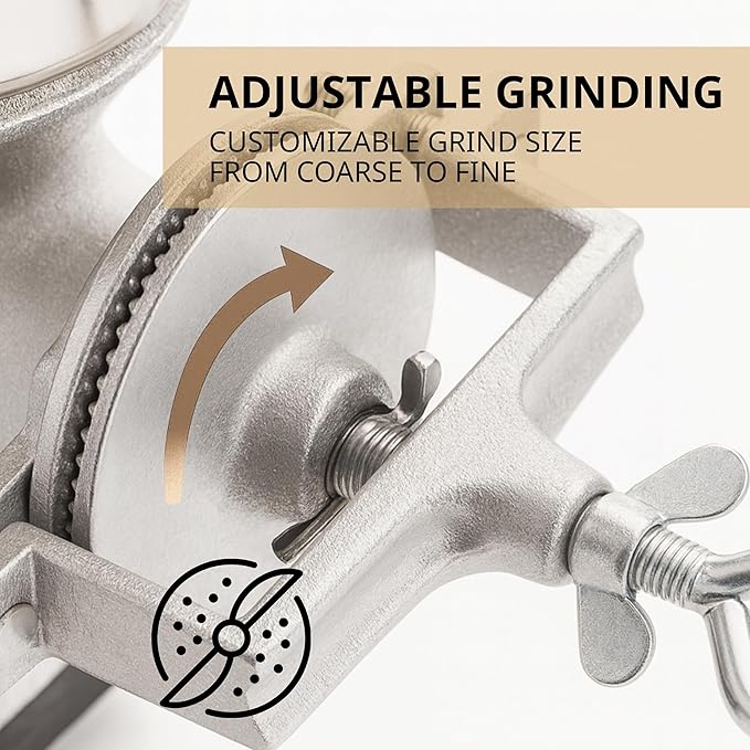 Manual Grain Mill Grinder – Cast Iron Hand Crank Mill with 2 Hoppers for Corn Wheat Coffee Flour Silver Grain Grinder Manual for Kitchen Includes Plate Cover Rubber Pad Extra Pin