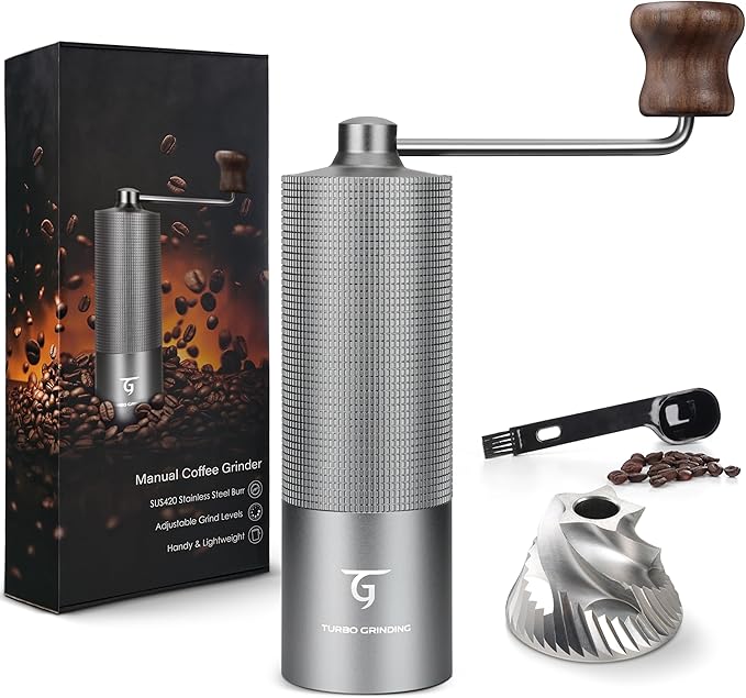 SUNYA Manual Coffee Grinder with Stainless Steel Conical Burr. Aluminum Shell Hand Coffee Bean Mill with Adjustable Settings. Coffee Recipes Booklet Included (MCG-02 Gray)