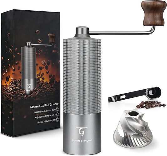 SUNYA Manual Coffee Grinder with Stainless Steel Conical Burr. Aluminum Shell Hand Coffee Bean Mill with Adjustable Settings. Coffee Recipes Booklet Included (MCG-02 Gray)