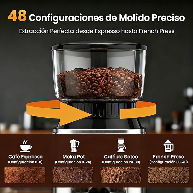 Conical Burr Coffee Grinder Electric Coffee Bean Grinder with 48 Precise Settings, Anti-Static Coffee Grinders for Home Use, Adjustable Conical Burr Mill for Espersso/Drip/French Press
