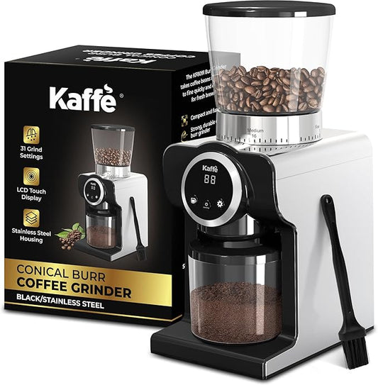 Kaffe Electric Burr Coffee Grinder (9oz) w/ 31 Adjustable Coarseness Settings - Conical Burr - [New Touch Screen w/Timer & Cup Selector] - Precision Coffee Bean Grinder for Home Use - Stainless Steel