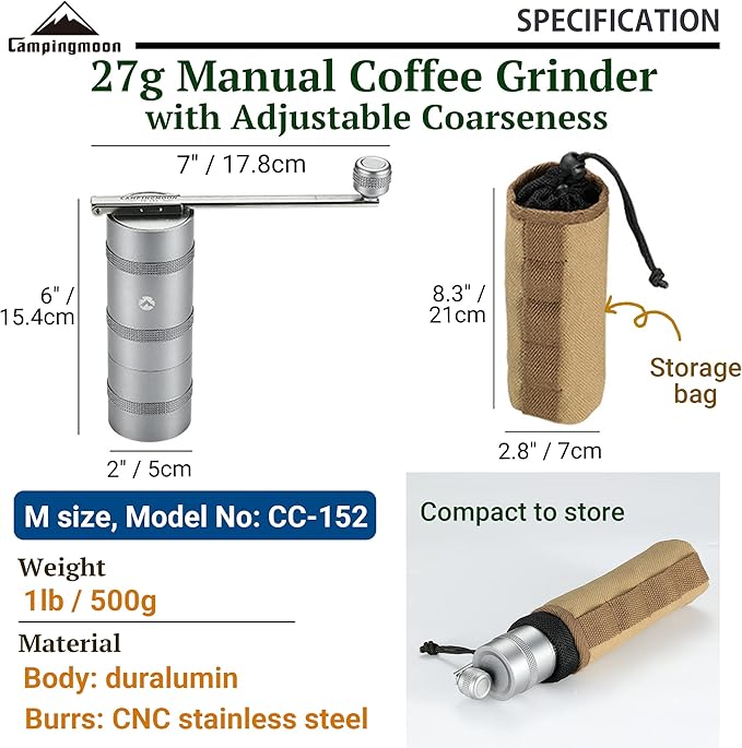 CAMPINGMOON Portable Manual Coffee Grinder, Stainless Steel Burr, Foldable Handle, Hand Grinder for Camping & Travel CC-115,CC-152 (Silver, M (25-27g))