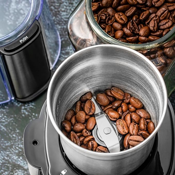 OVENTE Electric Coffee Grinder, 200W Powerful Coffee Bean & Spice Grinder with 2.1 Oz Removable Grinding Bowl, Stainless Steel Blade, Push Power Button, Transparent Lid & Anti-Skid Feet, Silver CG620S